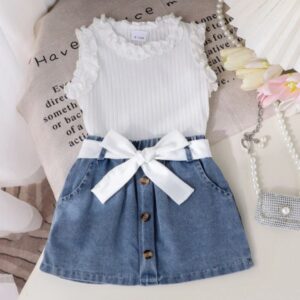 CONJUNTO BLUSA  BLANCA Y POLLERA DE JEANS CON CINTO T 18-24 MESES