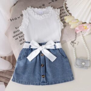 CONJUNTO BLUSA  BLANCA Y POLLERA DE JEANS CON CINTO T 6-9 MESES