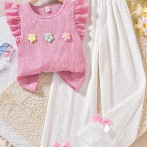 CONJUNTO BLUSA ROSA Y PANTALÓN BLANCO T 9 AÑOS