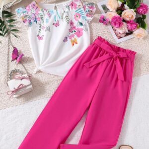 CONJUNTO BLUSA ESTAMPADA Y PANTALÓN FUCSIA CON CINTO T 11 AÑOS