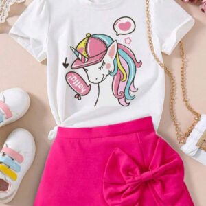 CONJUNTO REMERA UNICORNIO Y SHORT POLLERA FUCSIA  T 8 AÑOS