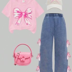 CONJUNTO REMERA ROSA  CON  PANTALÓN JEANS MOÑITOS  T 11 AÑOS