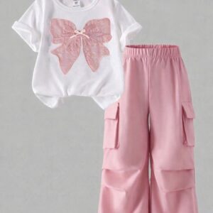 CONJUNTO REMERA BLANCA MOÑO CON PANTALÓN CARGO ROSA T 12 AÑOS