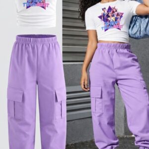 CONJUNTO BLUSA K-POP CON PANTALÓN CARGO LILA T 10 AÑOS
