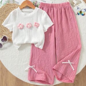 CONJUNTO BLUSA BLANCA FLORES Y PANTALÓN ROSA T 6 AÑOS