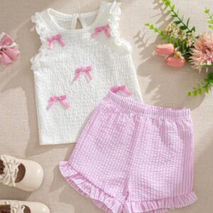 CONJUNTO BLUSA MOÑOS Y SHORT ROSA T 12-18 MESES
