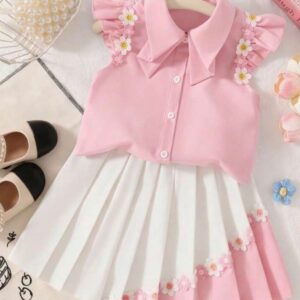 CONJUNTO CAMISA ROSA  Y POLLERA TABLEADA T 6 AÑOS