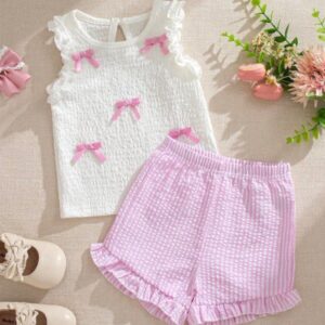 CONJUNTO BLUSA MOÑOS Y SHORT ROSA T 6-9 MESES