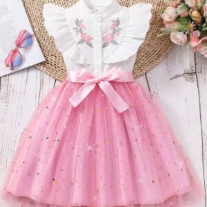 VESTIDO BLANCO Y ROSA CON ESTRELLITAS CON CINTO T 2-3 AÑOS