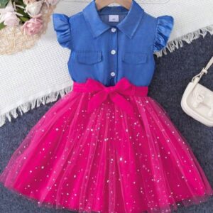 VESTIDO TIPO JEANS, FALDA TUL ESTRELLITAS CON CINTO T 4 AÑOS