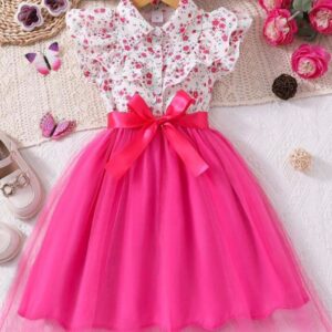 VESTIDO FLOREADO TUL FUCSIA CON CINTO T 2-3 AÑOS