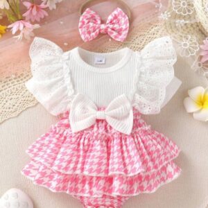 VESTIBODY ROSA Y BLANCO BRODERIE CON VINCHA T 3-6 MESES