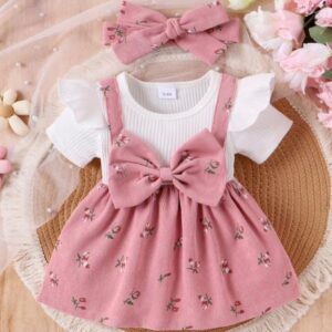VESTIDO ROSA VIEJO Y BLANCO CON LAZO T 6-9 MESES