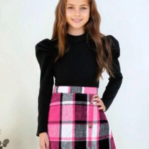 POLLERA CUADRILLE ROSA CON POLERA MANGAS PRINCESA T 7 AÑOS