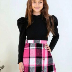 POLLERA CUADRILLE ROSA CON POLERA MANGAS PRINCESA T 8 AÑOS