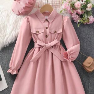 VESTIDO TIPO CAMISA CON CINTO  Y BOINA T 7 AÑOS