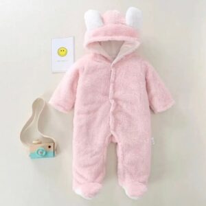 MONO PELUCHE ROSA CON CAPUCHA Y OREJITAS  T 9-12 M