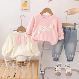 CONJUNTO MANGA LARGA CONEJITO ROSA Y JEAN BORDADO T 2 AÑOS
