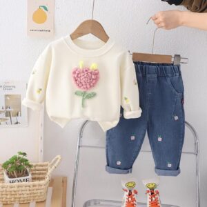 CONJUNTO MANGA LARGA BORDADO Y JEAN BORDADO FLORES T 18-24 M