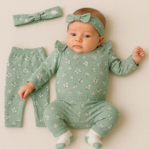 SET 4 PIEZAS BODY MANGA LARGA, PANTALON, VINCHA Y MEDIAS  T 3-6 M