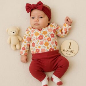 SET 4 PIEZAS BODY MANGAS LARGAS, PANTALON, VINCHA Y MEDIAS T 3-6 M