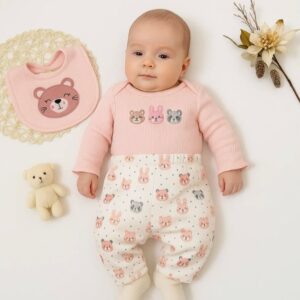 SET 3 PIEZAS, BODY MANGAS LARGAS BORDADO, PANTALONCITO Y BABERO T 3-6 MESES