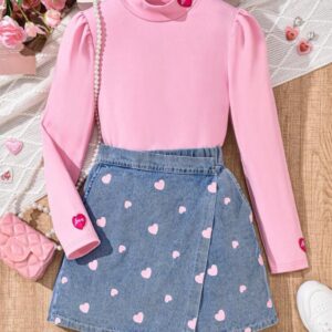 CONJUNTO MANGAS LARGAS ROSA CON SHORT POLLERA DE JEANS T 8 AÑOS