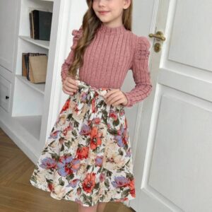 VESTIDO ROSA VIEJO CON FALDA FLOREADA Y CINTO T 10 AÑOS