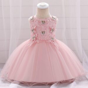 VESTIDO ROSA  CON ENCAJES Y DISEÑOS DE MARIPOSAS  3D 12-18 MESES