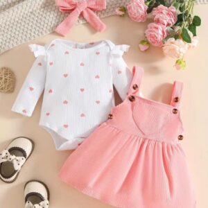 BODY CORAZONES CON JUMPER  ROSA Y LAZO  T 0-3 MESES