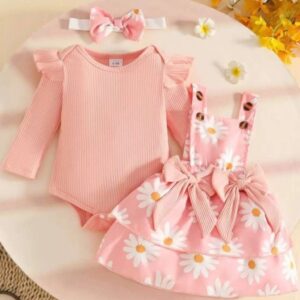 BODY ROSA CON JUMPER MARGARITAS  Y VINCHA T 0-3 MESES