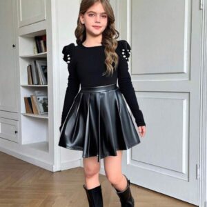 CONJUNTO MANGA LARGA CON POLLERA CUERINA  NEGRO T 8 AÑOS