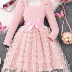 VESTIDO MANGAS LARGAS CON MARIPOSAS ROSA T 10 AÑOS