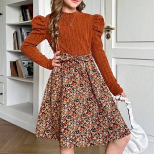 VESTIDO TERRACOTA FALDA FLOREADA T 9 AÑOS