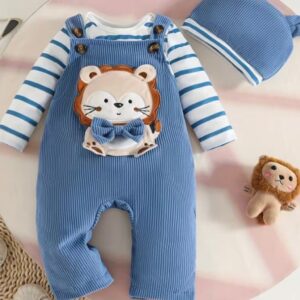ENTERIZO CON BODY A RAYAS  AZUL DE LEONCITO Y GORRITO 12-18 MESES