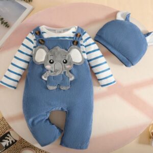 ENTERIZO Y BODY A RAYAS  AZUL ELEFANTE CON GORRITO T 3-6 MESES