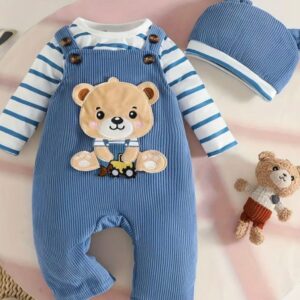 ENTERIZO CON BODY A RAYAS  AZUL DE OSITO CON GORRITO 3-6 MESES