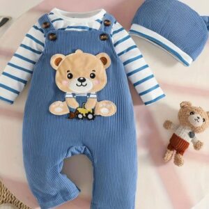 ENTERIZO Y BODY A RAYAS  AZUL DE OSITO CON GORRITO 9-12 MESES