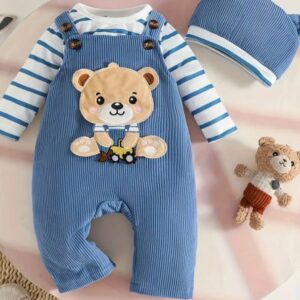 ENTERIZO Y BODY A RAYAS  AZUL DE OSITO CON GORRITO 12-18 MESES