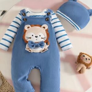 ENTERIZO Y BODY A RAYAS  AZUL DE LEONCITO CON GORRITO 6-9 MESES