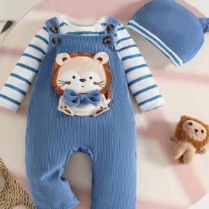 ENTERIZO Y BODY A RAYAS  AZUL DE LEONCITO CON GORRITO 9-12 MESES
