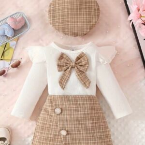 MANGAS LARGAS CON SHORT POLLERA Y BOINA  MARRÓN T 12-18 MESES