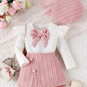 MANGAS LARGAS CON SHORT POLLERA Y BOINA  ROSA T 12-18 MESES