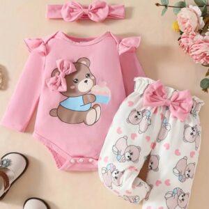 BODY MANGAS LARGAS OSITO CON PANTALONCITO Y VINCHA T 9-12 MESES