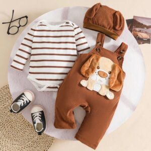 ENTERIZO Y BODY A RAYAS MARRON DE PERRITO CON GORRITO 3-6 MESES