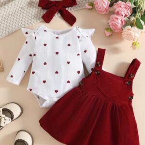 SET 3 PIEZAS JUMPER BORDO CORDEROY, BODY CORAZONES Y LAZO PARA VINCHA
