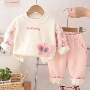 CONJUNTO BUZO BEIGE CON PANTALÓN ROSA MARIPOSAS T 12-18 MESES