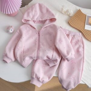 CONJUNTO CAMPERA  CON CAPUCHA  Y JOGGER ROSA CONEJITOS T 2 AÑOS