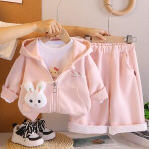 CONJUNTO 3 PIEZAS CAMPERA CON CAPUCHA, MANGAS LARGAS Y PANTALÓN ROSA T 9-12 MESES