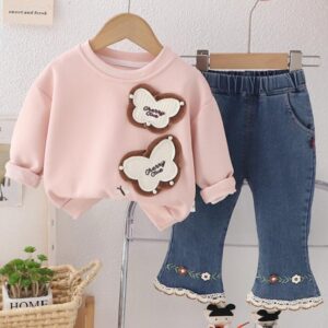 CONJUNTO BUZO ROSA CON JEANS DETALLE CROCHET T 12-18 MESES